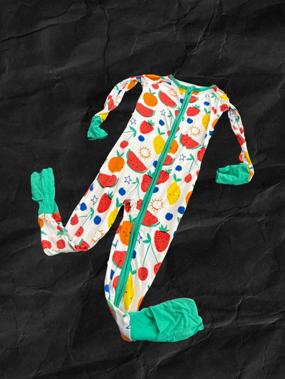 Little Sleepies White Fruit Print Footed One-Piece with Green Trim